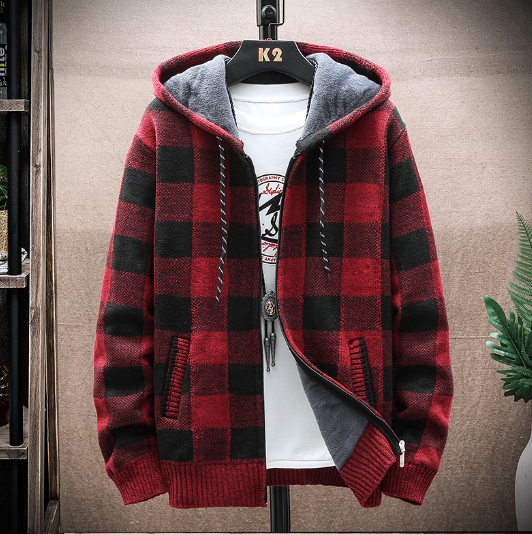 Men's Hooded Warm Plaid Sweater