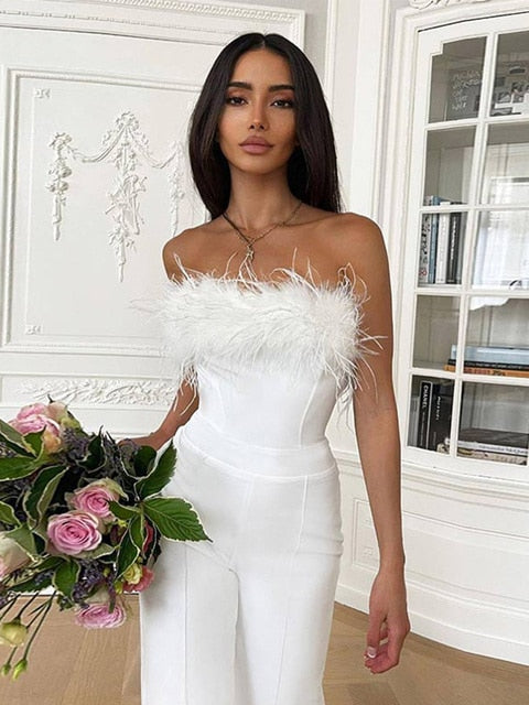 Women Strapless Sequin Feather Jumpsuit