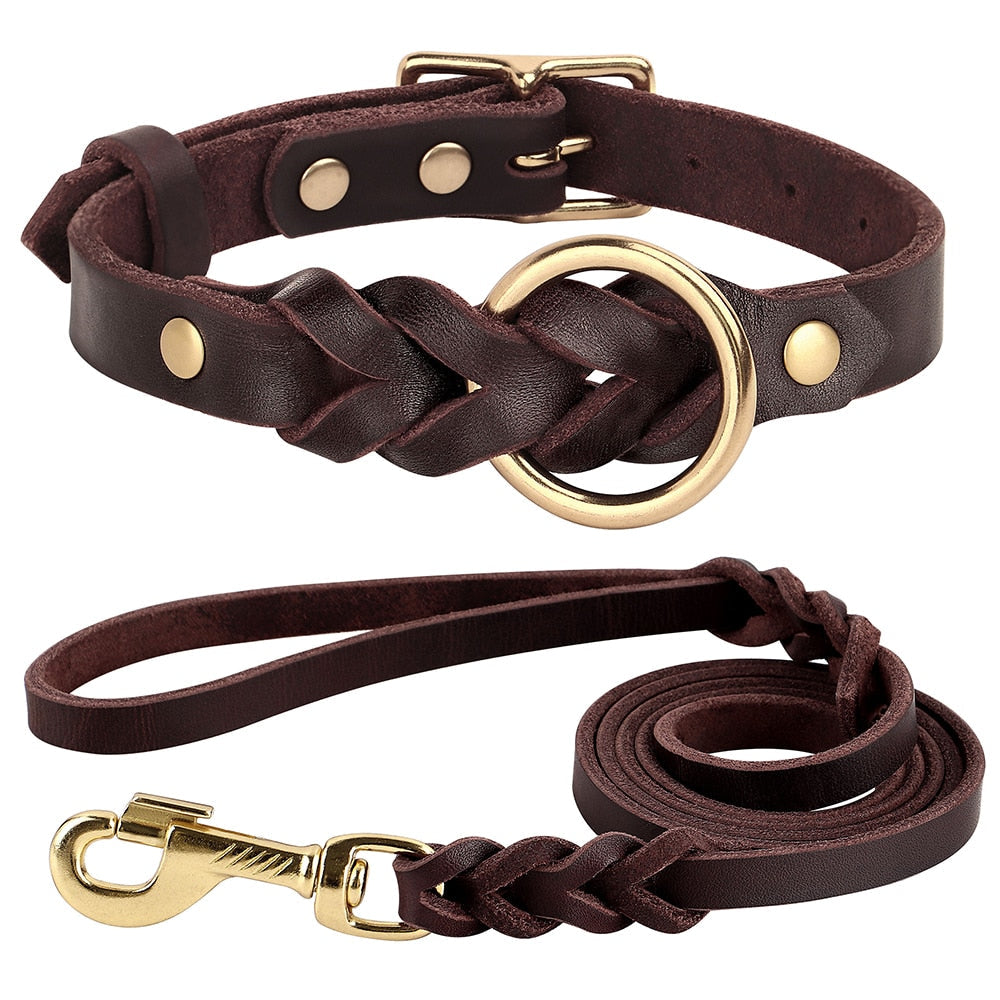 Dog Collar and Leash Set - Real Leather