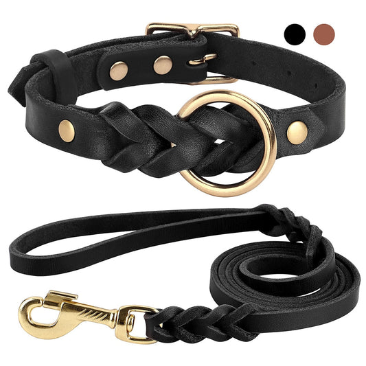 Dog Collar and Leash Set - Real Leather