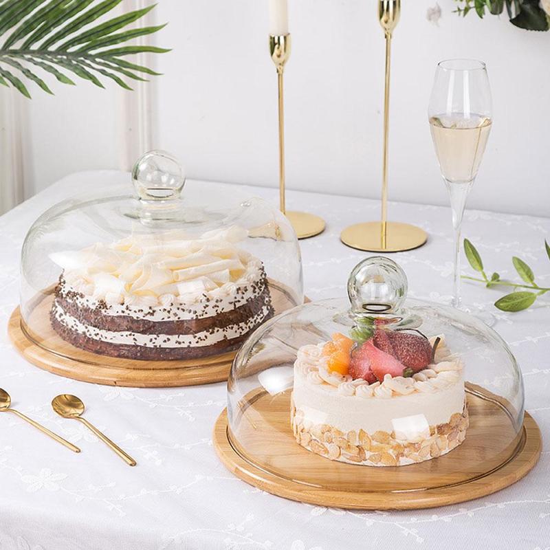 Lead-Free Food Grade Transparent Dustproof Glass Cake/Food Cover Cake with Bamboo Tray