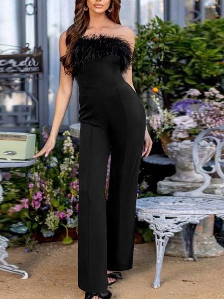 Women Strapless Sequin Feather Jumpsuit