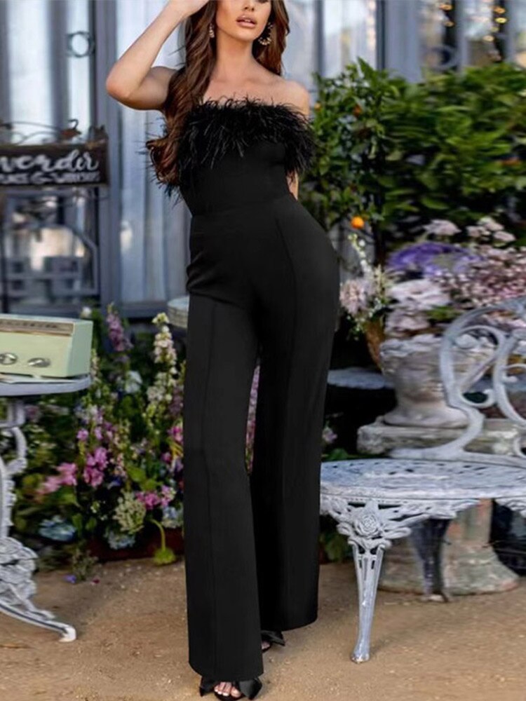 Women Strapless Sequin Feather Jumpsuit