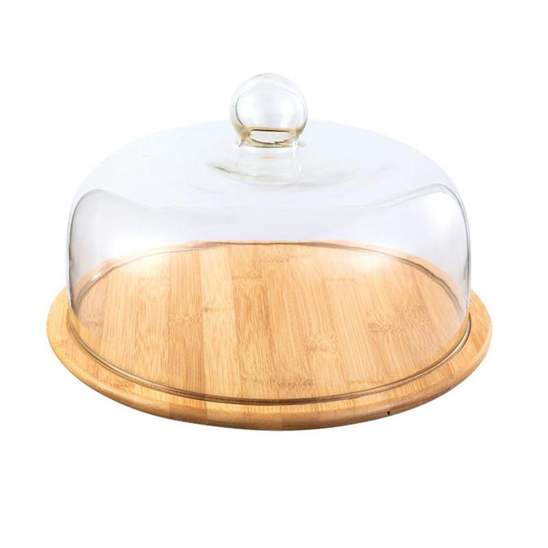 Lead-Free Food Grade Transparent Dustproof Glass Cake/Food Cover Cake with Bamboo Tray