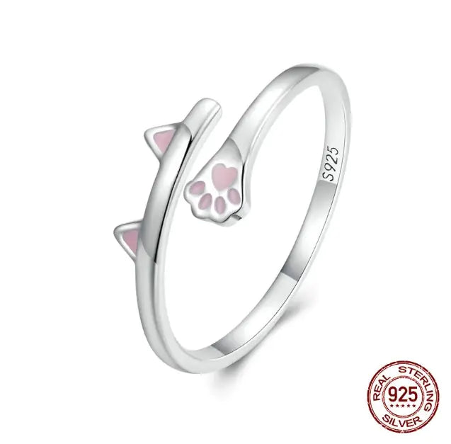 Silver Pink Cat Open Ring