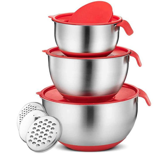 HOT-Stainless Steel Non Slip Mixing Bowls,with Airtight Lids,Measurement Marks and Grater Etc