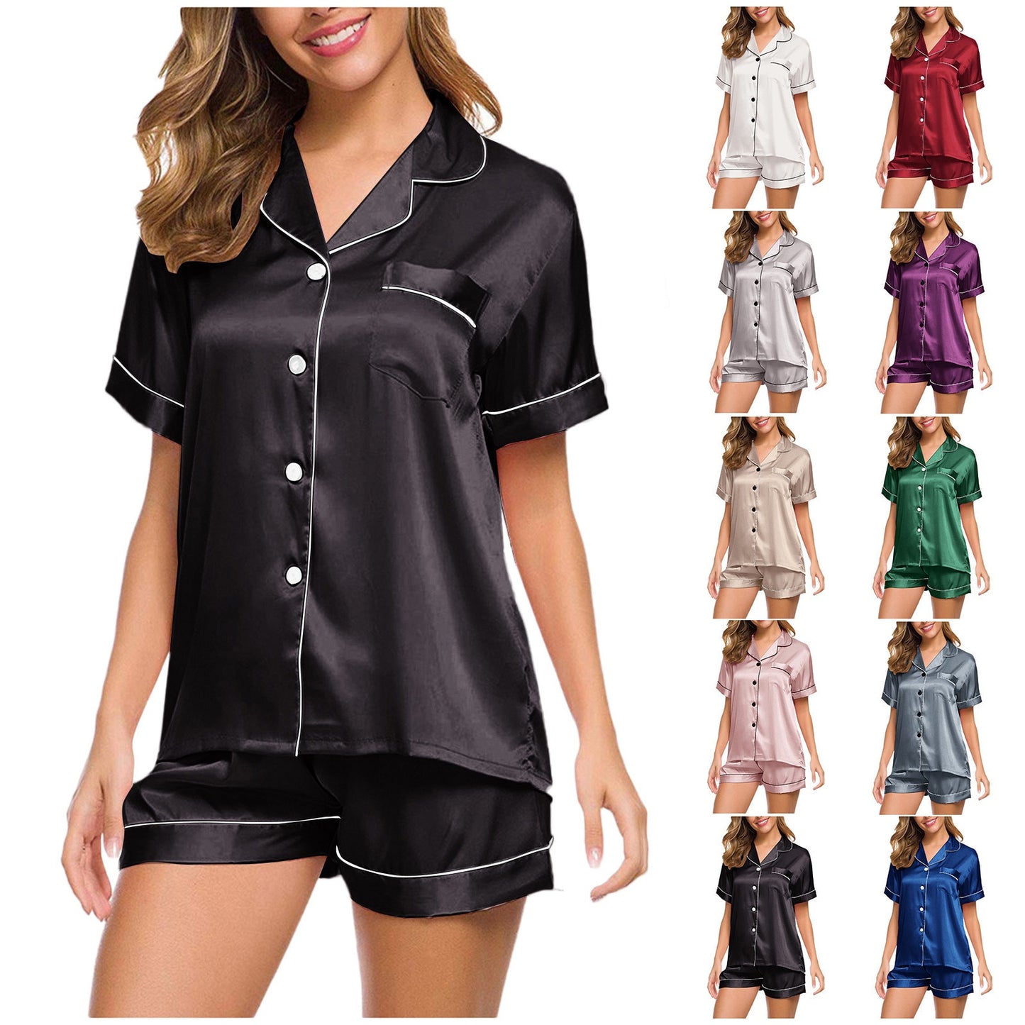 Silk Short Sleeve Pajamas Set for Women