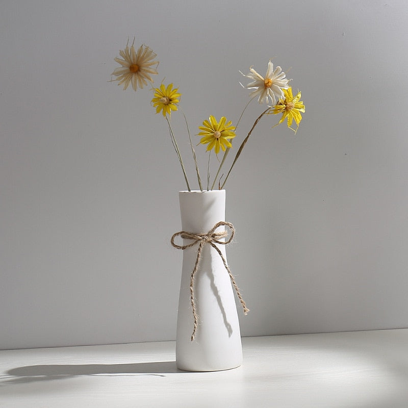 Modern Minimalist White Hemp Rope Ceramic Vases