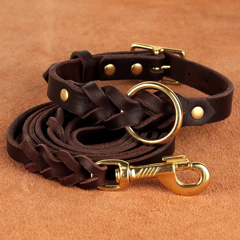 Dog Collar and Leash Set - Real Leather