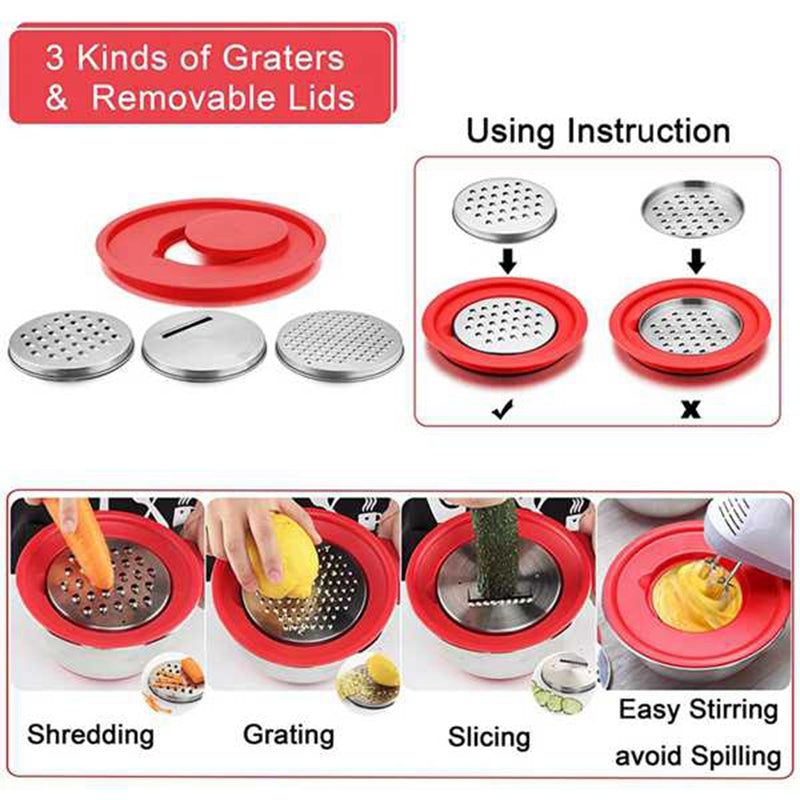 HOT-Stainless Steel Non Slip Mixing Bowls,with Airtight Lids,Measurement Marks and Grater Etc