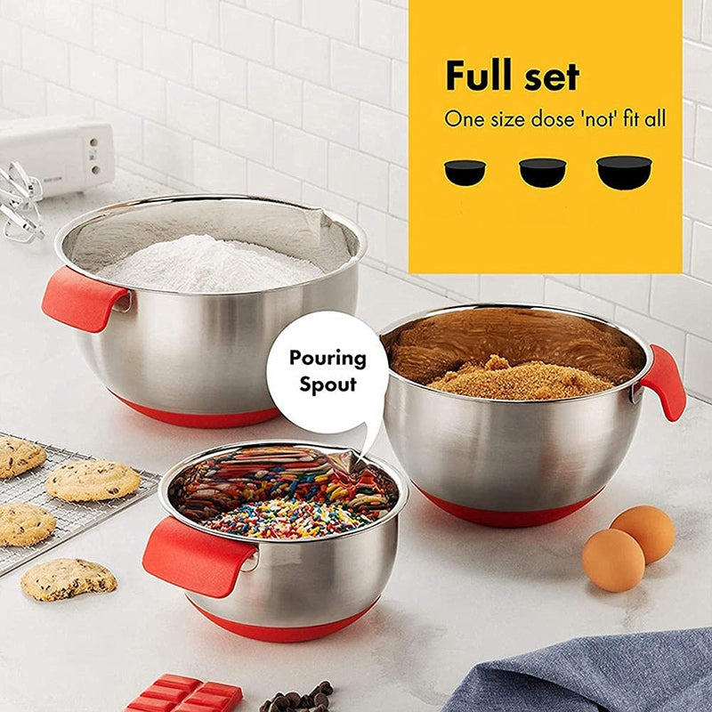 HOT-Stainless Steel Non Slip Mixing Bowls,with Airtight Lids,Measurement Marks and Grater Etc