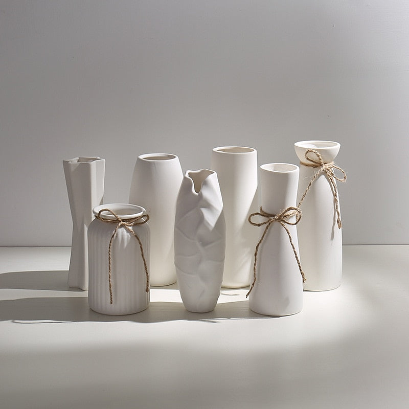 Modern Minimalist White Hemp Rope Ceramic Vases